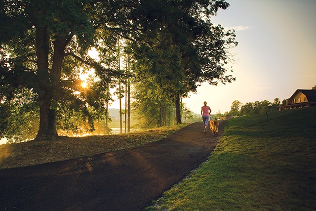 Sterling on the Lake walking trails with woman and her dog running at sunrise