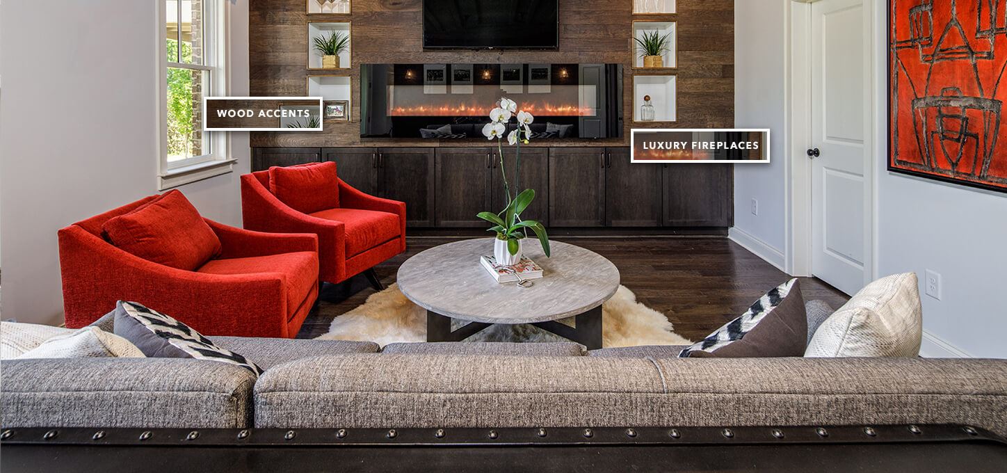 Luxury fireplace and stone accents