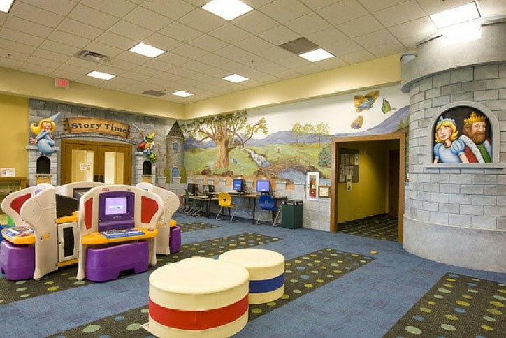 Interior of Spout Springs Library in Sterling on the Lake.