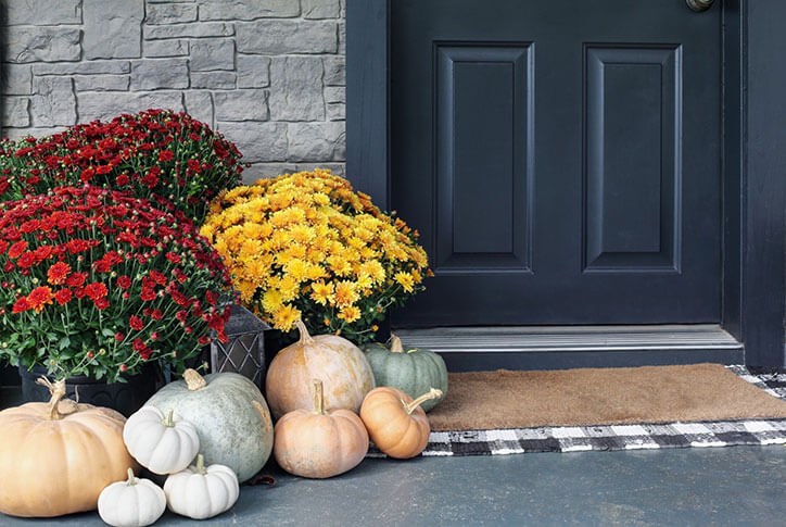 Front porch with pumpkins and fall mums.